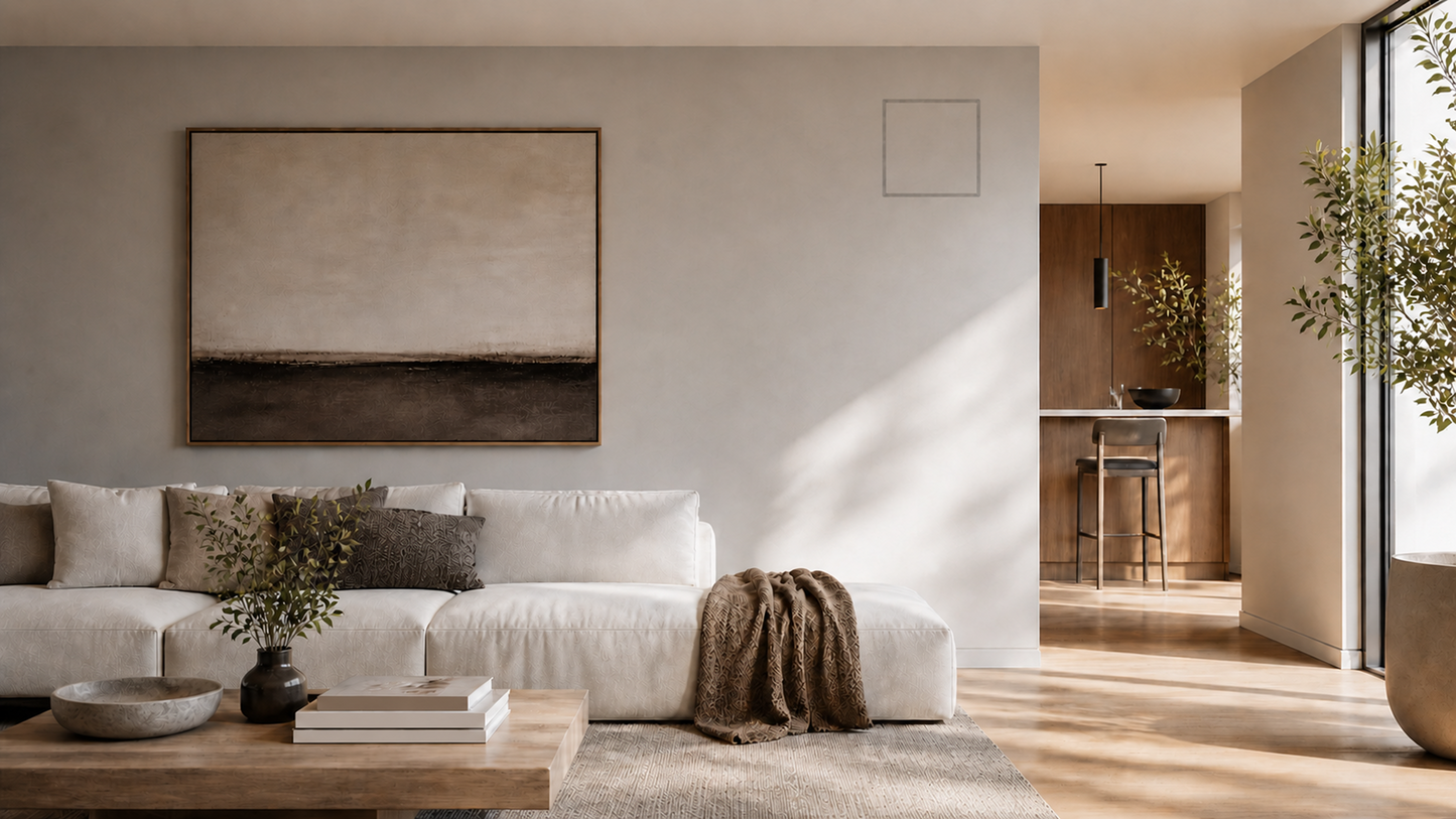 Seam 14×14 inch flush wall vent installed in an open-plan great room — modern white paintable HVAC supply register