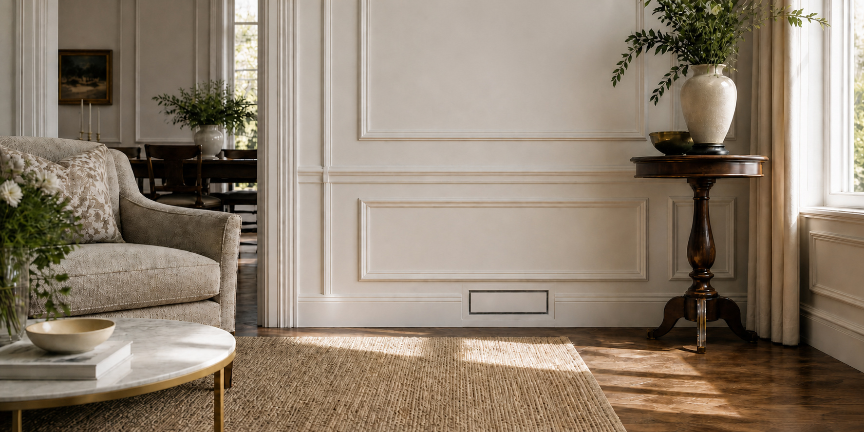 Seam Home flush wall vent installed in a modern living room — paintable HVAC register that sits flat against the wall