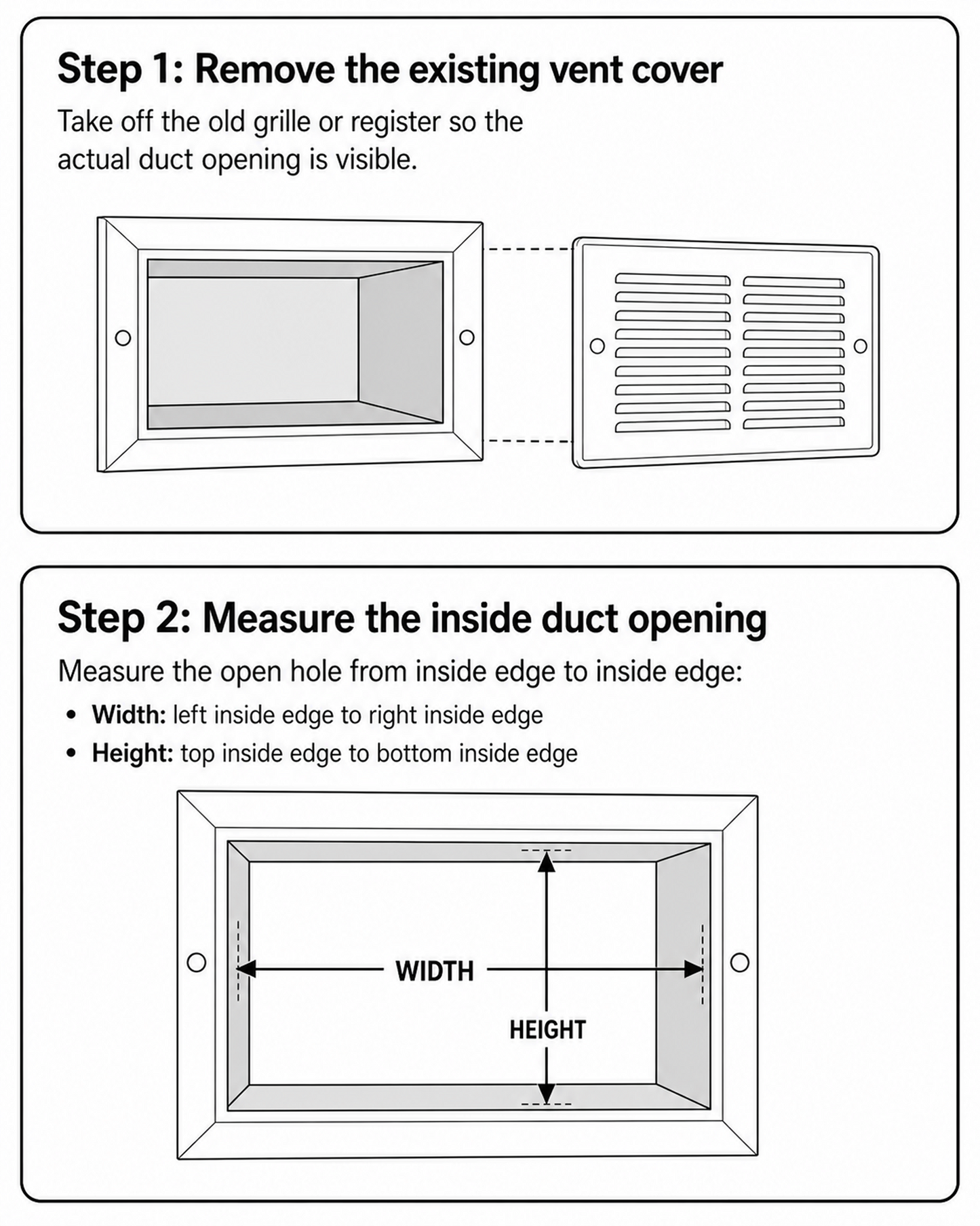 Diagram showing how to measure a standard 4×12 inch HVAC duct opening for a Seam flush wall vent