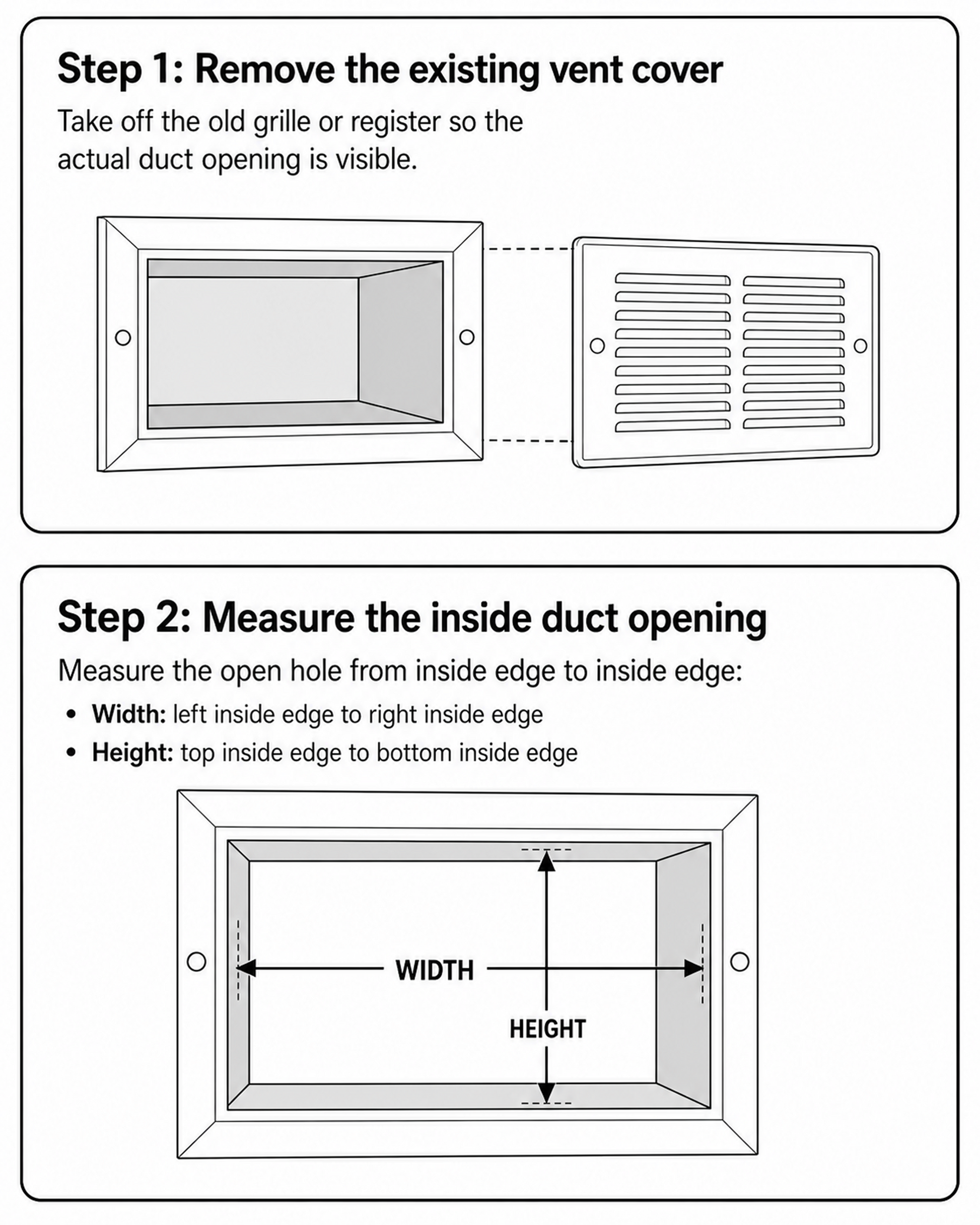 Diagram showing how to measure a standard 4×12 inch HVAC duct opening for a Seam flush wall vent