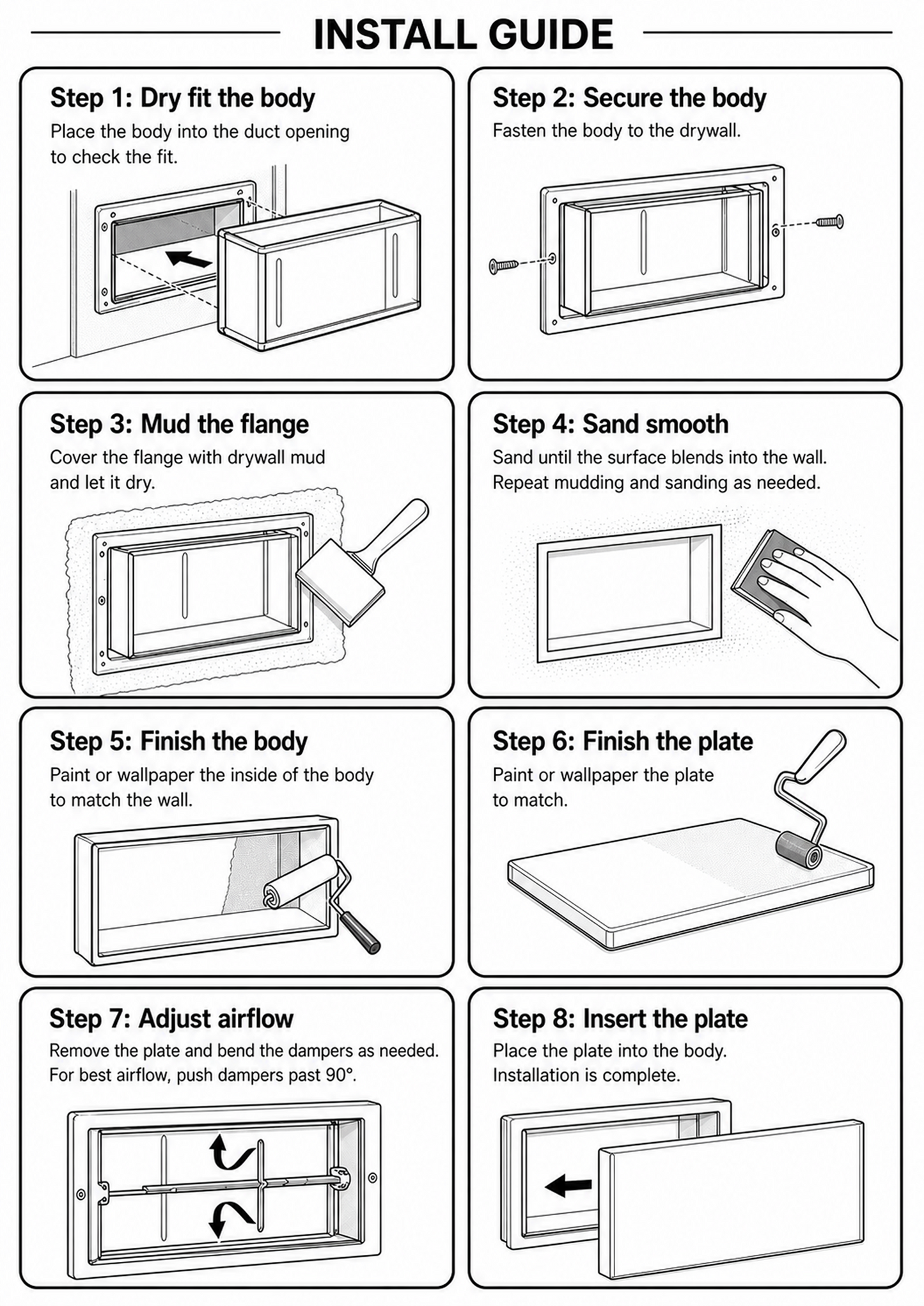 Installation diagram for the Seam 4×12 flush wall vent — plaster-in flange with drywall integration