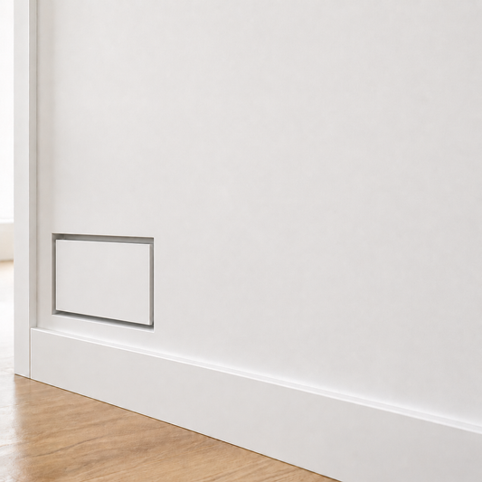 Seam 8×14 flush wall vent installed in a clean white wall — mid-size flush register that integrates flush with the surrounding wall surface without protruding hardware